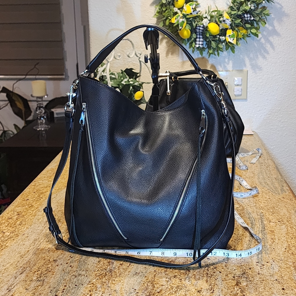 REBECCA MINKOFF Hot Moto Hobo Zipper Shoulder Bag in Black Pebble Leather 2 Way